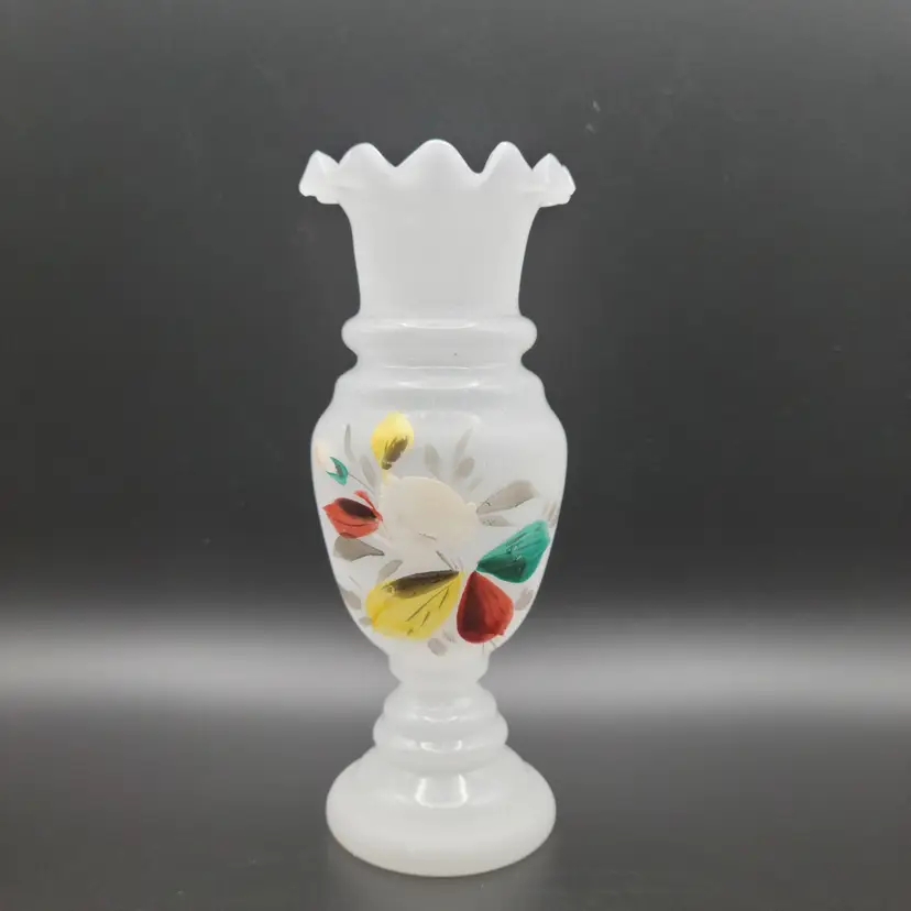 Victorian Bohemian Ruffled Rim Opaque Glass Hand Painted Vase