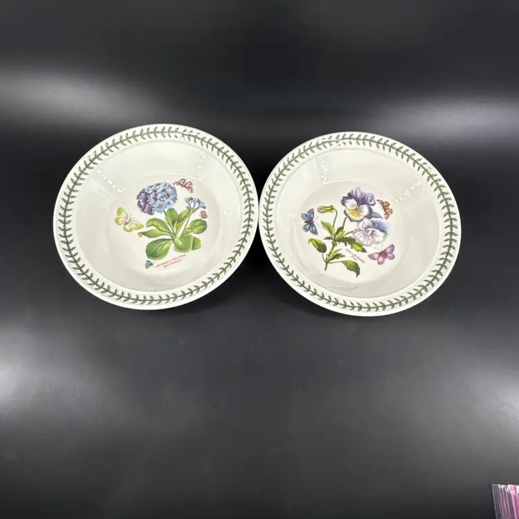 Pair Portmerion Botanic Garden 8.5" Rim Soup Bowl Pansy Blue Primrose MINT
