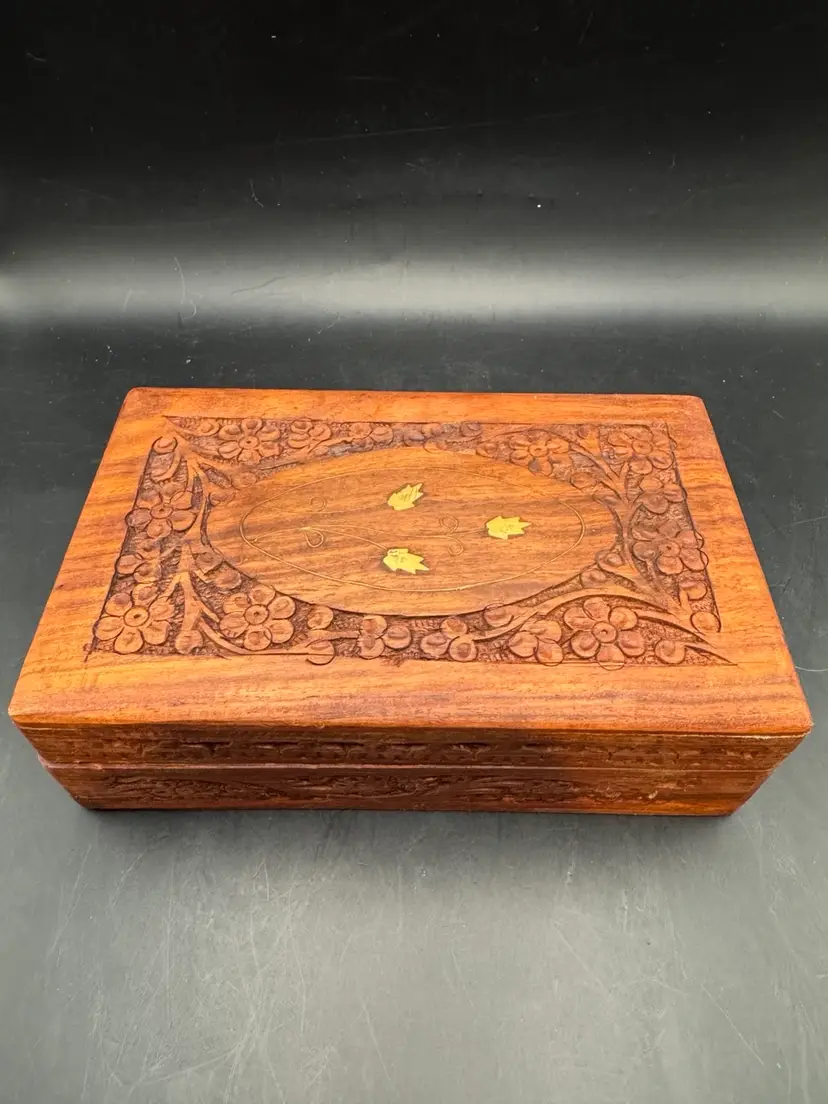 Vintage Indian Hand Carved Brass Inlay Wooden Box 8”
