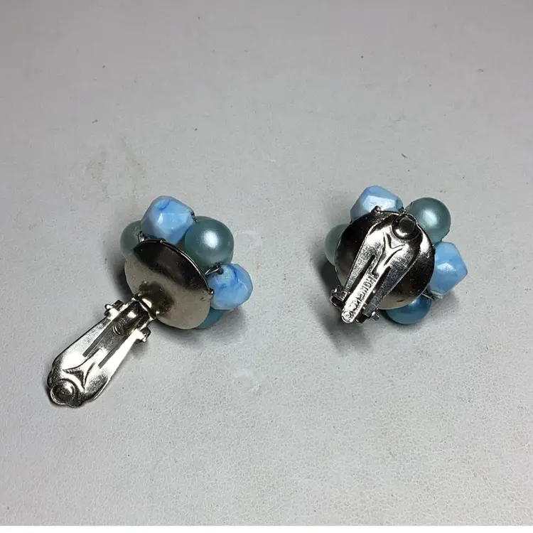 Light Blue Beaded Clipon Earrings - Signed Hong Kong