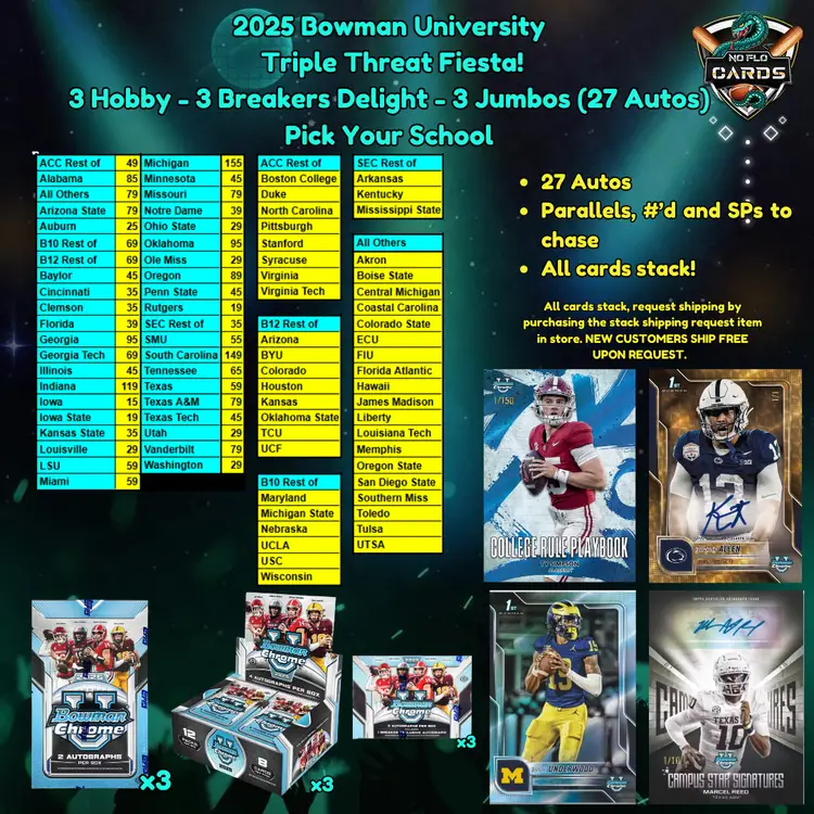2025 Bowman University Triple Threat Fiesta! 3 Hobby - 3 Breakers Delight - 3 Jumbos (27 Autos) Pick Your School Rip