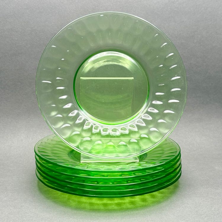 Vintage Federal Green Uranium Glass Thumbprint Side Plates. Set of 6