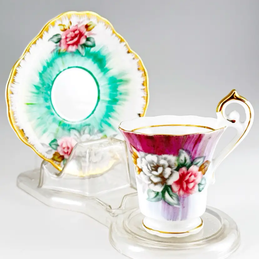 Fern Hand-Painted Roses Porcelain Demitasse Cup & Saucer, Vintage Made in Japan
