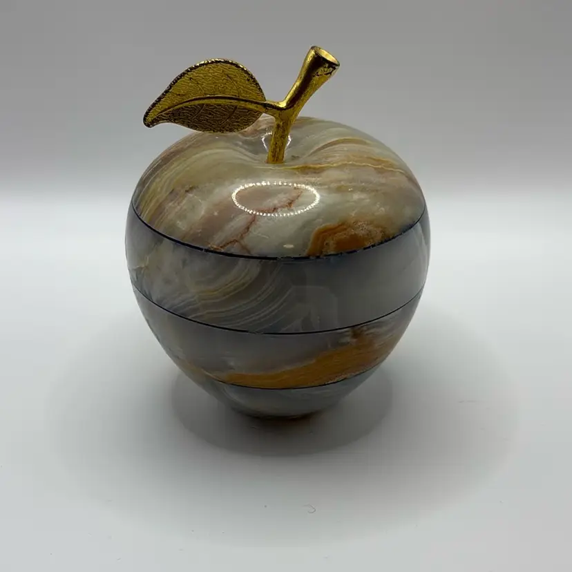 Marble Apple Paperweight Made In Pakistan 4” Across 4” Tall Some Wear In Gold Tone Stem As Pictured