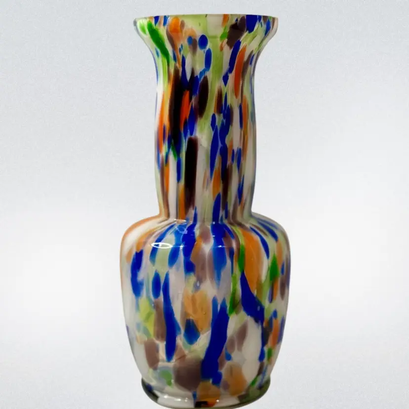 Multi Color Splatter Vase Bethel Orphanage Japan Logo and Partial Label READ
 T x 3” W (top) x 2-7/8” (base) 3-1/2” Widest Point