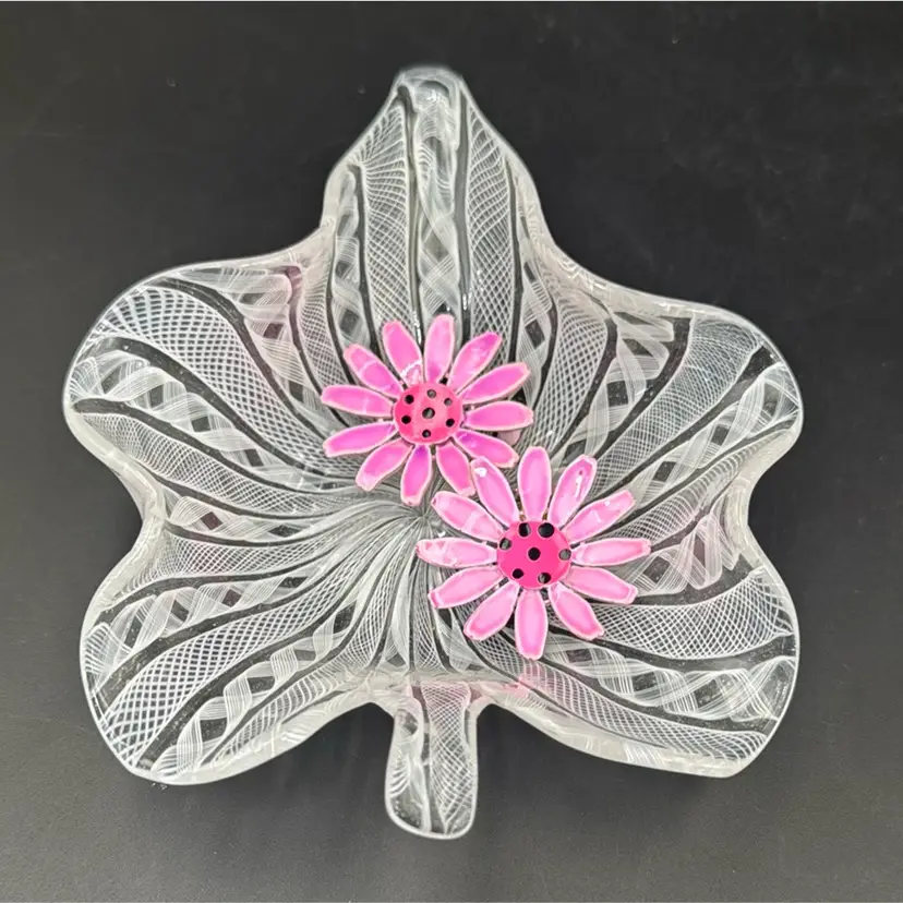 Mid-Century Modern Leaf Glass Bowl With Purple And Pink Daisy Clip On Earrings