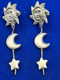 Vintage Pewter Sun, Moon & Stars Dangle Earrings. Signed JJ