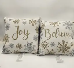 Holiday Time Joy Believe Snowflake 17" Throw Pillow Silver Gold Sparkles Winter