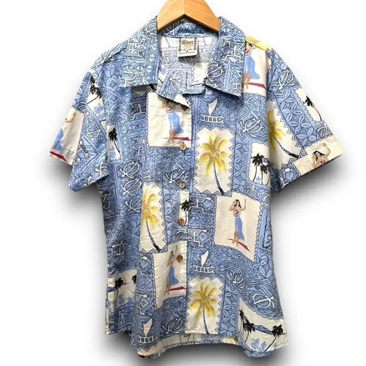 Vintage Retro Hawaiian Maui Trading Co. Hula girl Youth Boys button up top