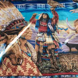 TRIBAL ELEMENTS Chief Eagle Wolf Hawk Buffalo Fabric 100% Cotton Wall Tapestry