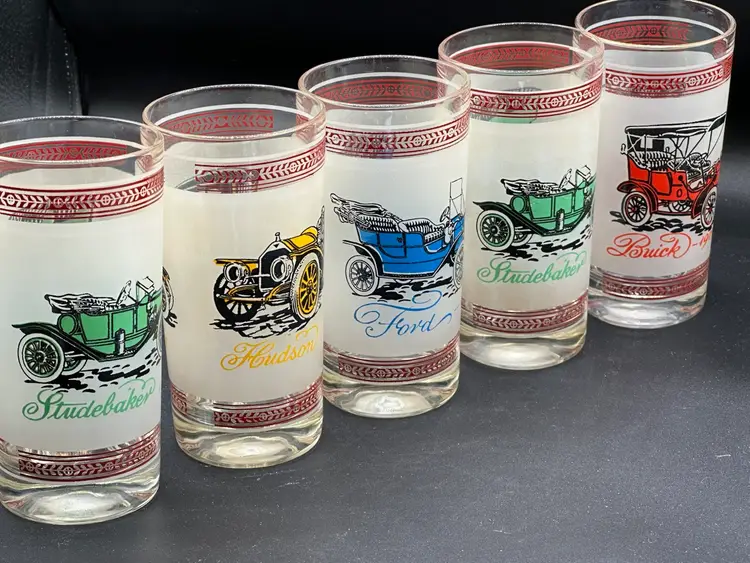 Set of 5 Vintage CAR Automobile Glasses Tumblers 5.5" Tall 12 oz