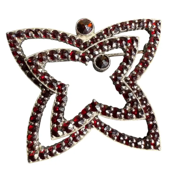 Antique Bohemian Garnet Sterling Butterfly Pin Brooch 1.5”