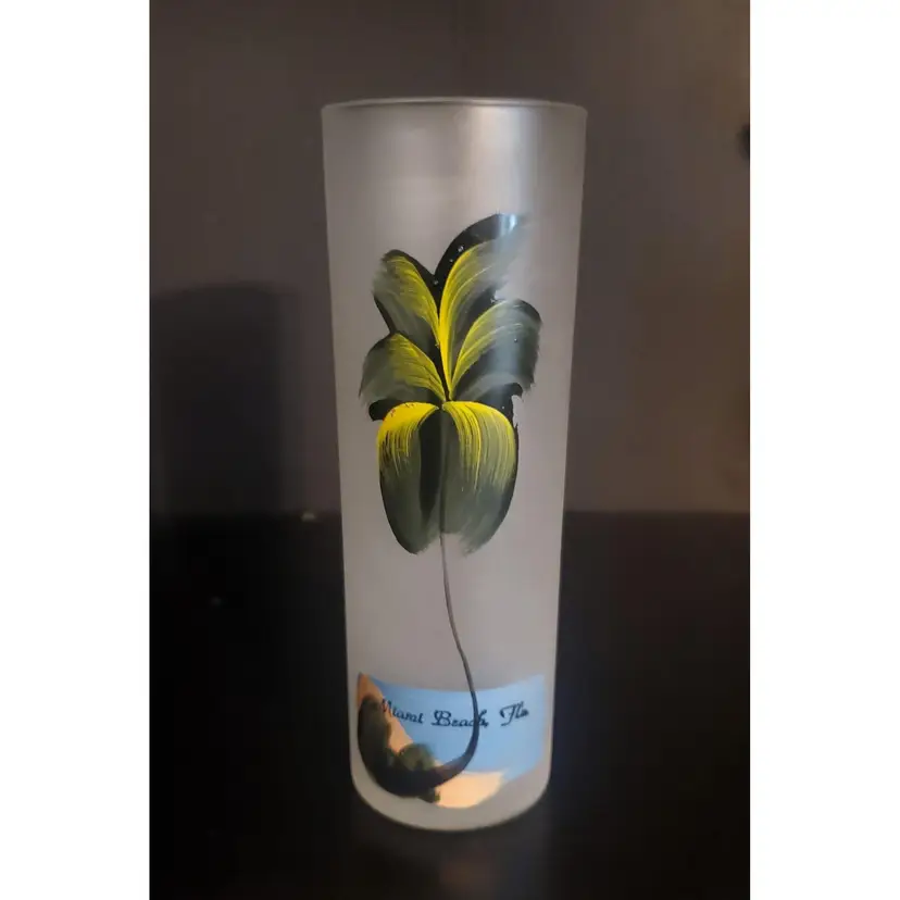 A Glass from the Past!!! Vintage Frosted Libbey Highball Glass. Hand Painted Palm Tree Beach scene. Miami Beach Florida Souvenir.