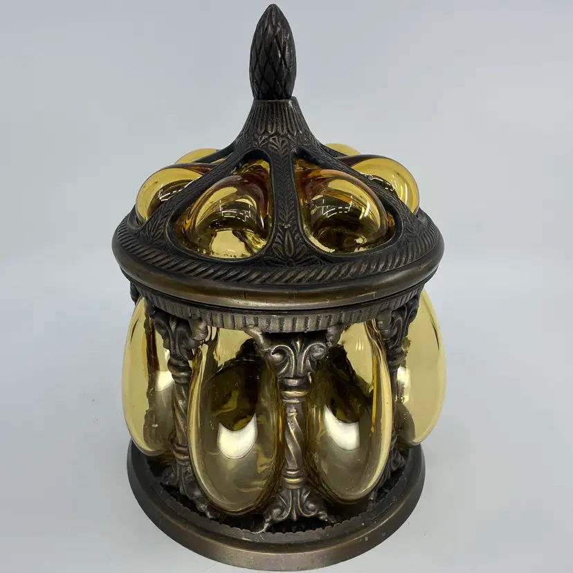 Vintage Hand Blown Amber Bubble Glass Lidded Apothecary Baroque Jar 9”