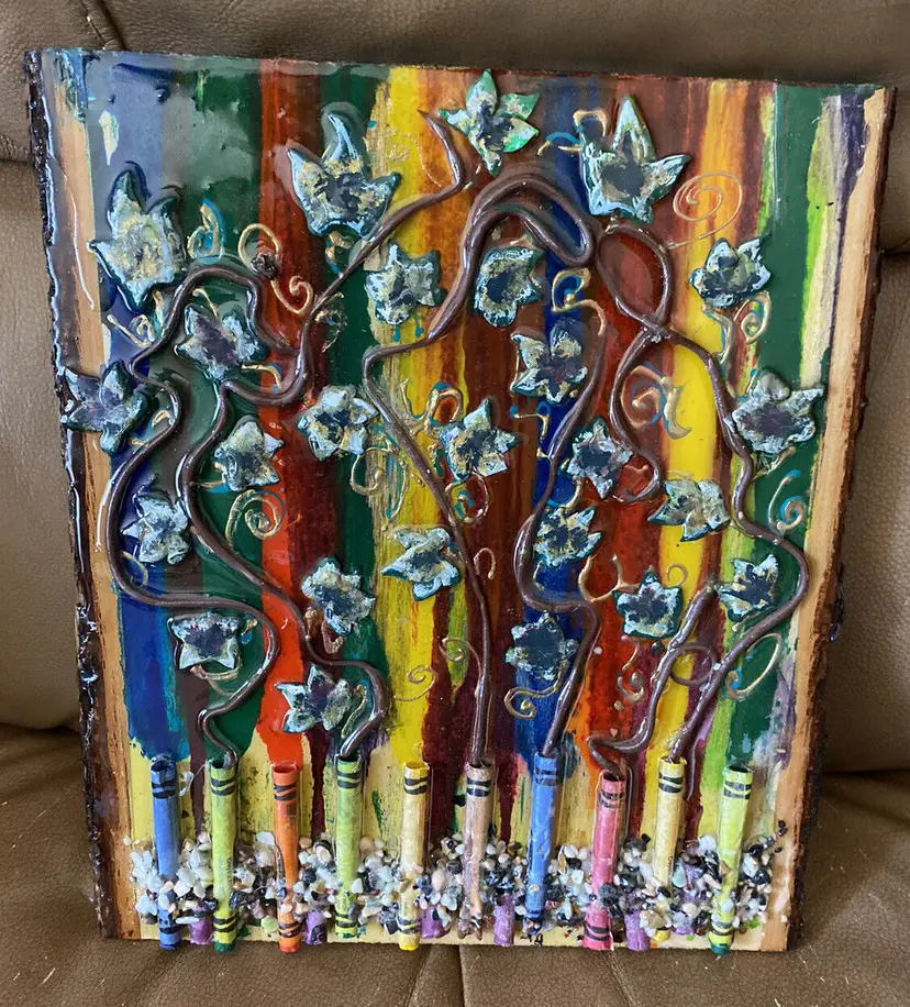 Crayola Art Fall Painting Melted Crayon Tree Leaves On Wooden Log Slice Painting