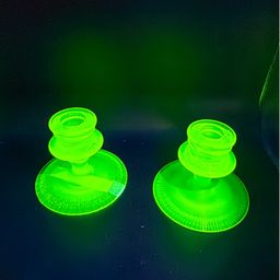 Pair Of Green Uranium Glass Candle Holders