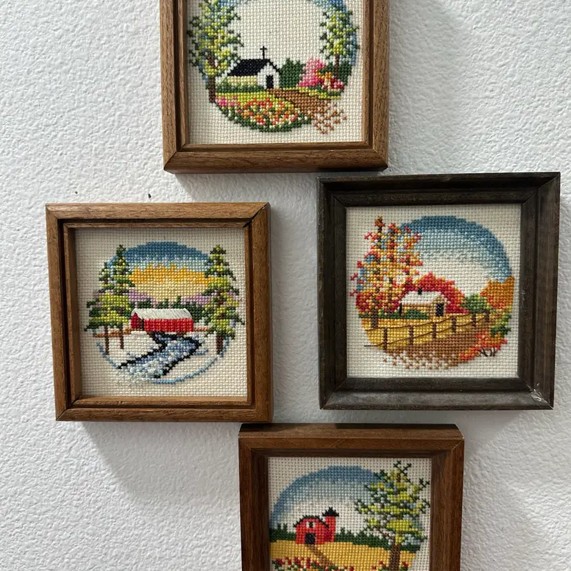 Needlepoint Tapestry Seasons Framed Pictures Handmade Lot Of 4 Country