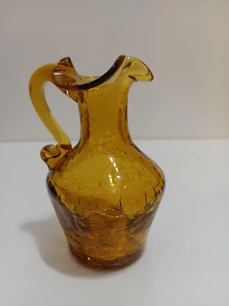 Vintage Amber Hand Blown Crackle Glass Pitcher With Applied Handle; Circa 1960s