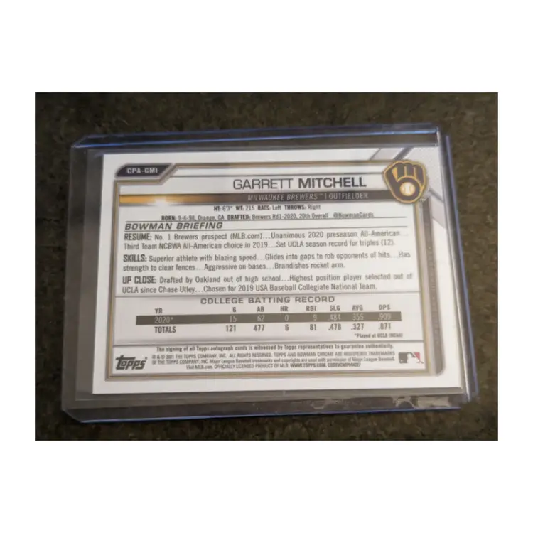 Garrett Mitchell 2021 Bowman Chrome Autograph Atomic Refractor Parallel SN /100