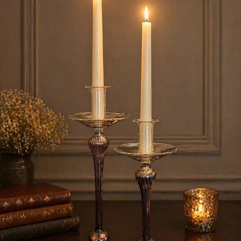 Two Hand Blown Venetian Iridescent Bubble Cased Art Glass Candle Holders