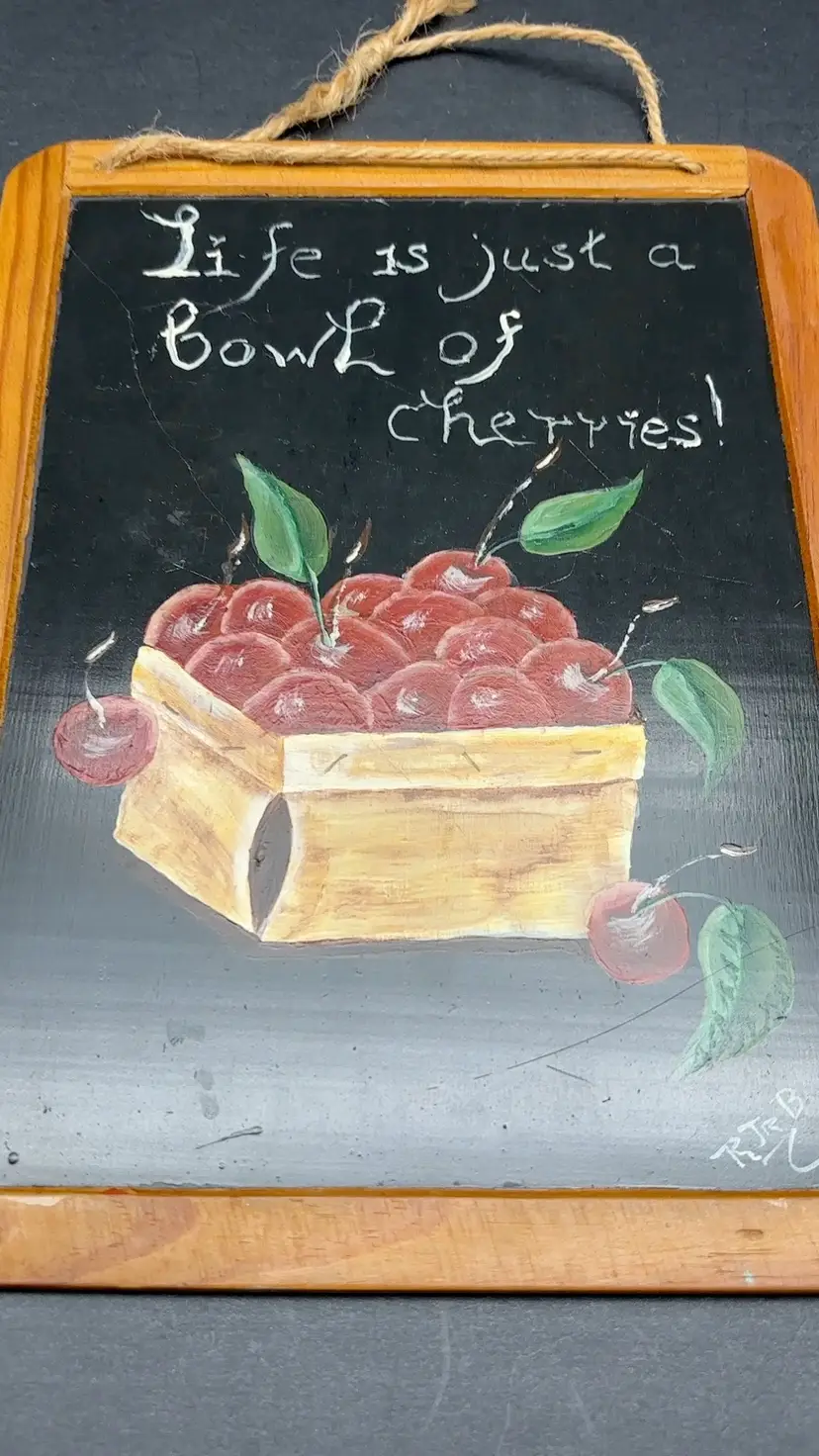 Hand Painted Cherry Bowl Folk Art on Vintage Portugal Slate Chalkboard