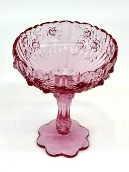 017. Fenton Rose Colonial Pink Round Footed Compote Apx 7.5”h 6”w