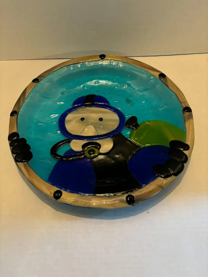 Art Glass Plate Scuba Diver Fused Glass 12 inches Across Not Signed