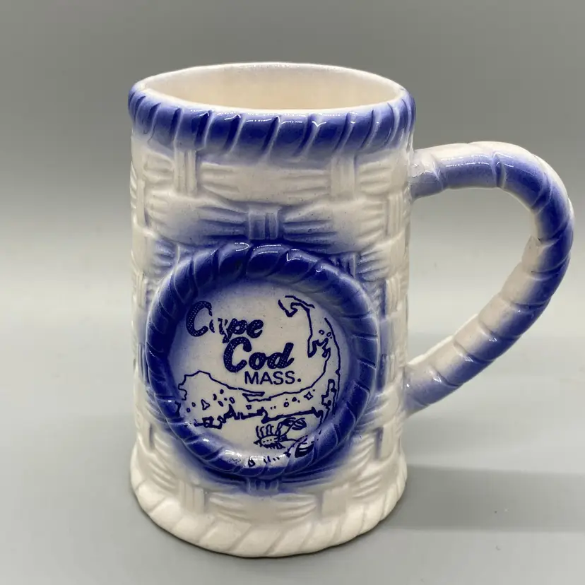 Vintage Hand Painted Blue White Cape Cod Souvenir Stein Mug