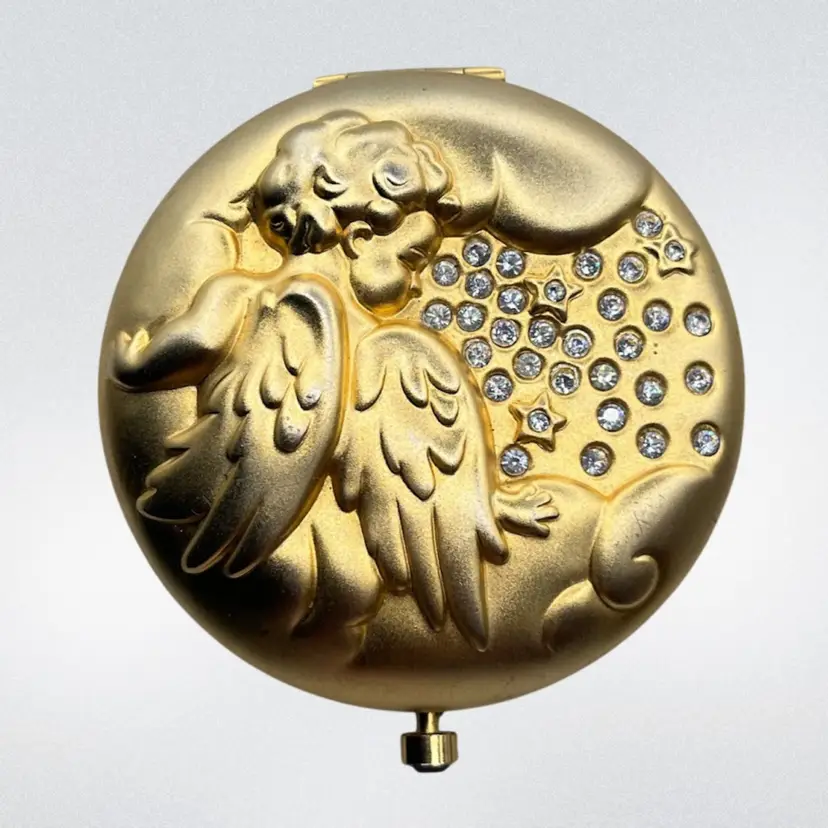 #J69 - Vintage Estee Lauder February Angel Gold Tone & Purple Rhinestone Powder Compact - 1997