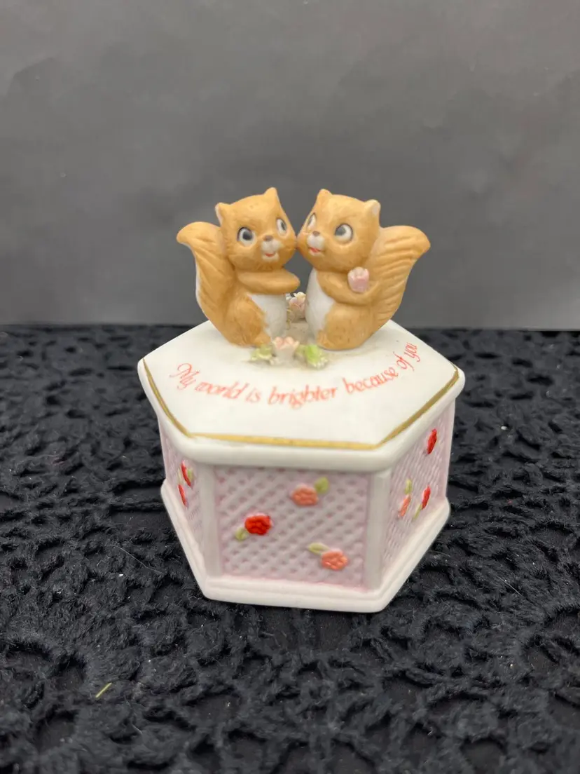 "Genuine Porcelain Decorated by Hand" #1514. Not sure of Maker. "My World Is Brighter Because of You". Trinket box-Squirrels & Flowers.