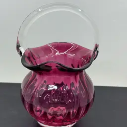 Mini Cranberry Blown Glass Basket With Clear Handle