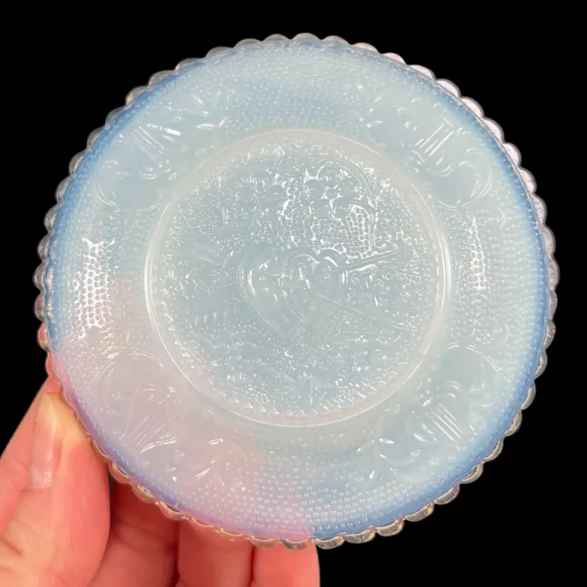 Pressed Glass Opalescent Cup Plate With Cupid’s Heart & Arrows And Harps