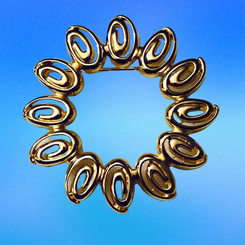 Vintage Anne Klein Signed Abstract Flower Circle Goldtone Brooch