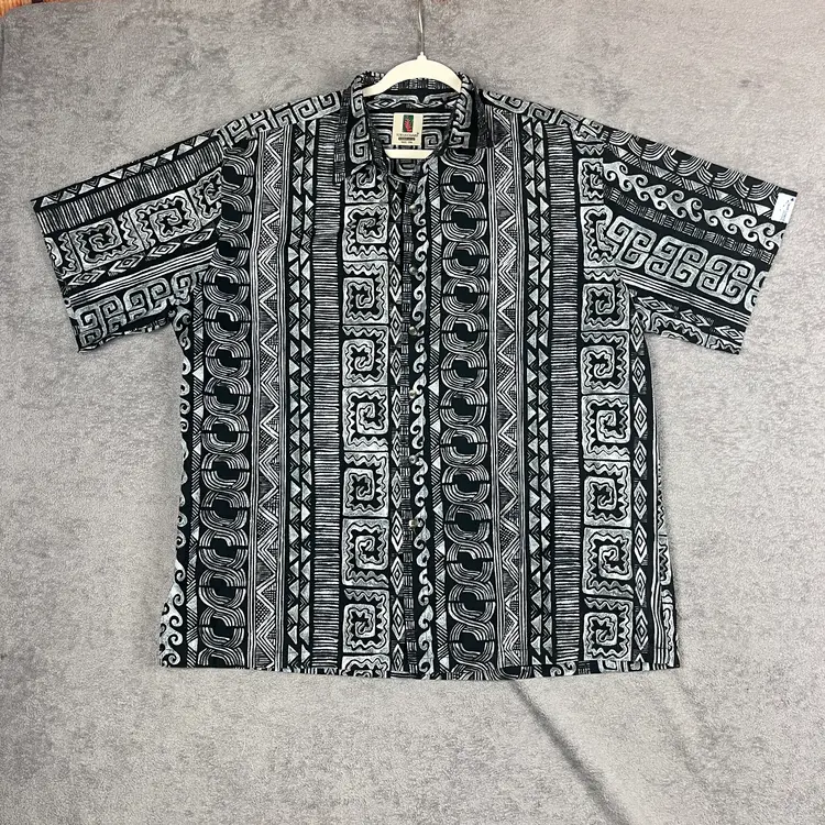 Tori Richard Honolulu Men’s XL Hawaiian Shirt Black & White Tribal Print 100% Cotton Made in Hawaii