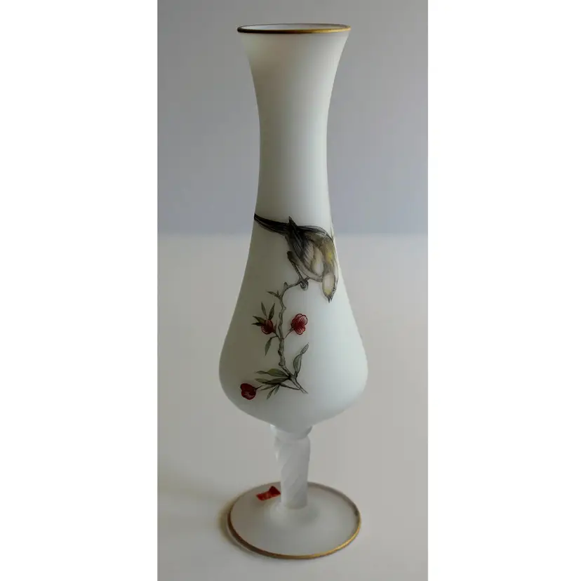 Italian Hand Painted Bird Bud Vase Satin Glass with Twisted Stem VTG