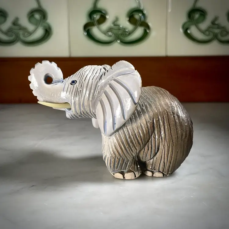 Vintage Artesania Rinconada Pottery African Elephant Figurine 159 Trunk Up Walking Uruguay 3x4"