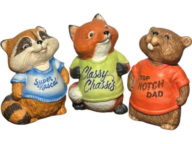3 VTG Hallmark Shirt Tales Ceramic Figures 5" Fox Gopher Raccoon 1981