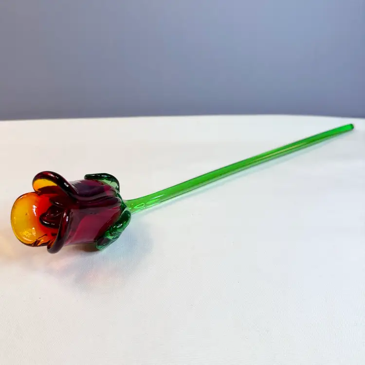 Gorgeous Hand Blown Art Glass Single Red Rose Stem Studio Murano Style Glass