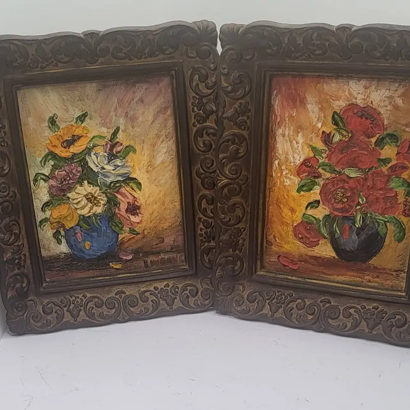 Vintage Floral Paintings in Ornate Frames 7x6" signed by artist