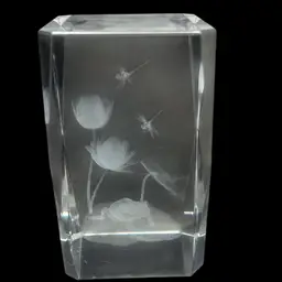 3D Laser Etched Crystal Glass Paper Weight
Featuring A Frog, Dragonflies And Flowers