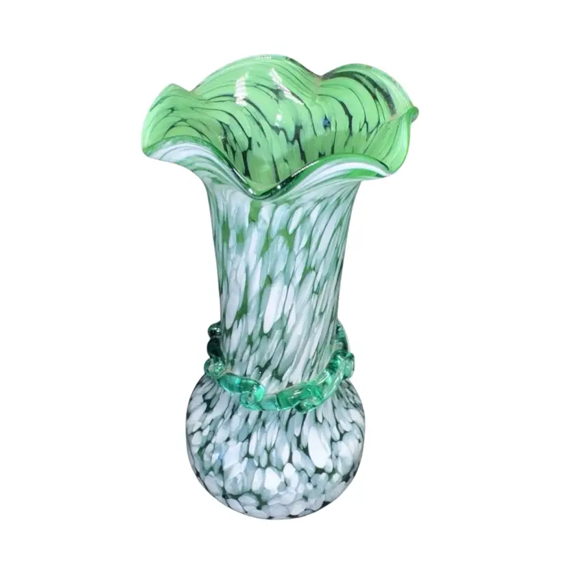 Green and White Murano Flower Or Bud Vase Vintage Good Condition