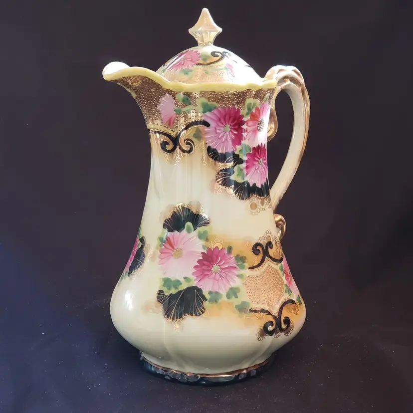 Porcelain Chocolate Tea Pot Floral, Gilded Gold & Lid Vintage
