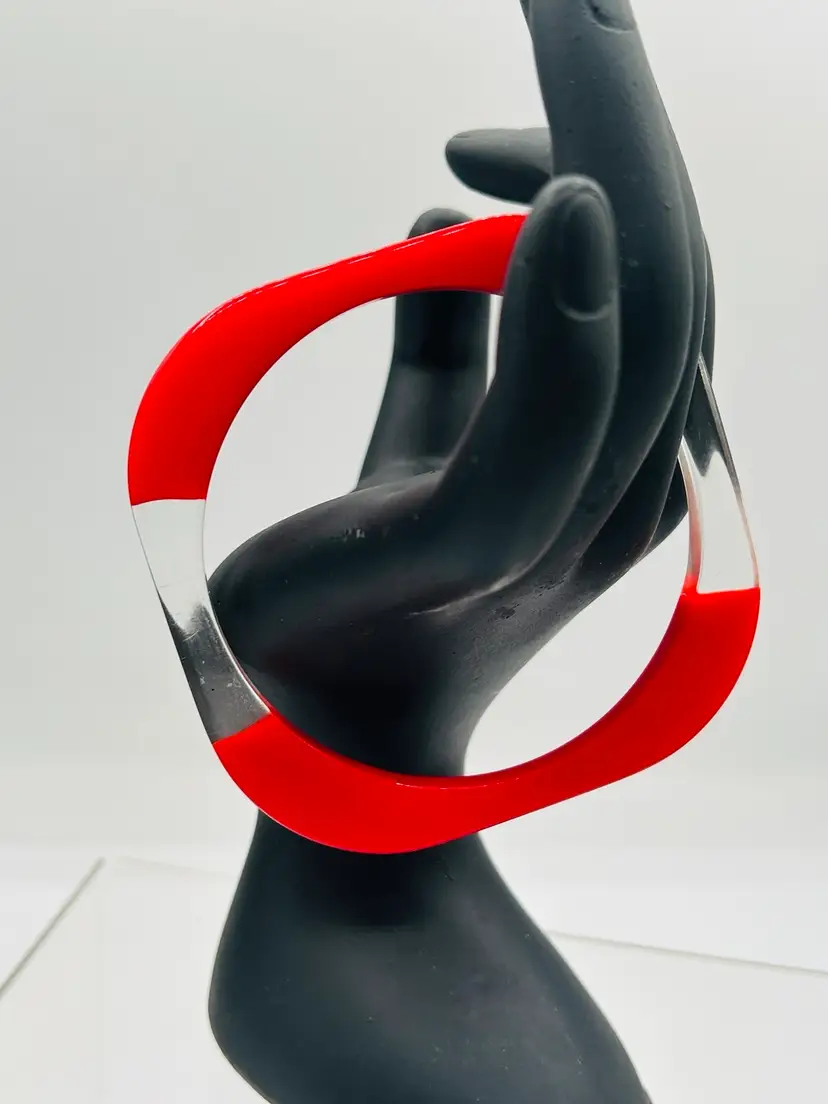 Vintage Mid Century Modern Clear & Cherry Red Square Lucite Bangle Bracelet