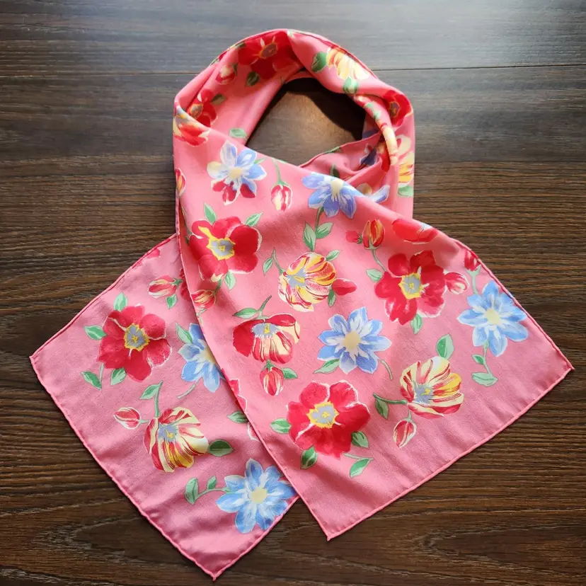 Pink Floral Long Silk Scarf 11 x 51" Shawl Neck Head Wrap Rolled Hand Stitched Edge