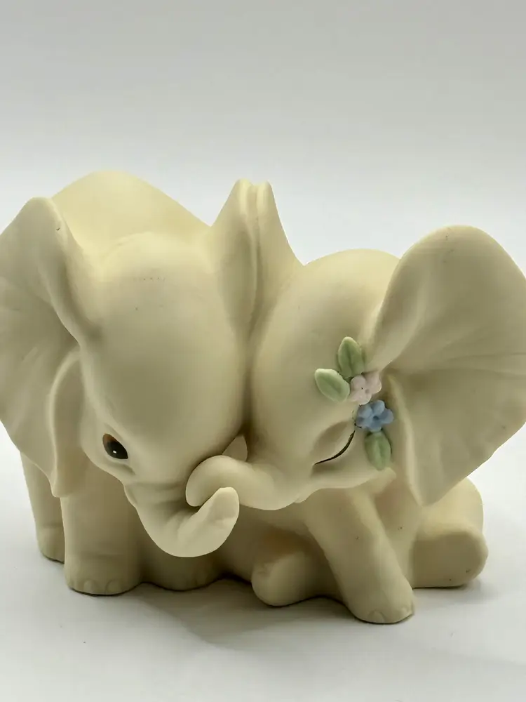 Vintage 1993 Charming Ceramic Elephant Figurine With Blue Flower Accent, Trunk Up For Good Luck, By Homco, Made In Mexico