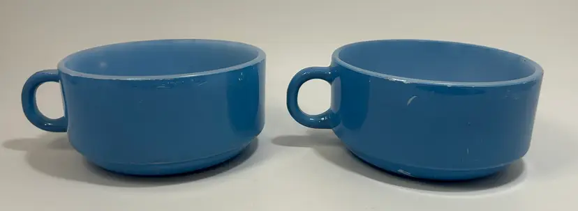 Vintage Set of 2 Blue Glasbake Soup Mugs