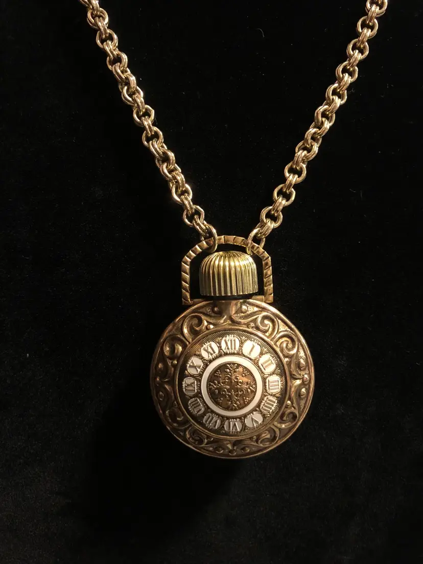 Vintage 1971 Avon Clock Medallion Pendant Perfume Bottle Necklace