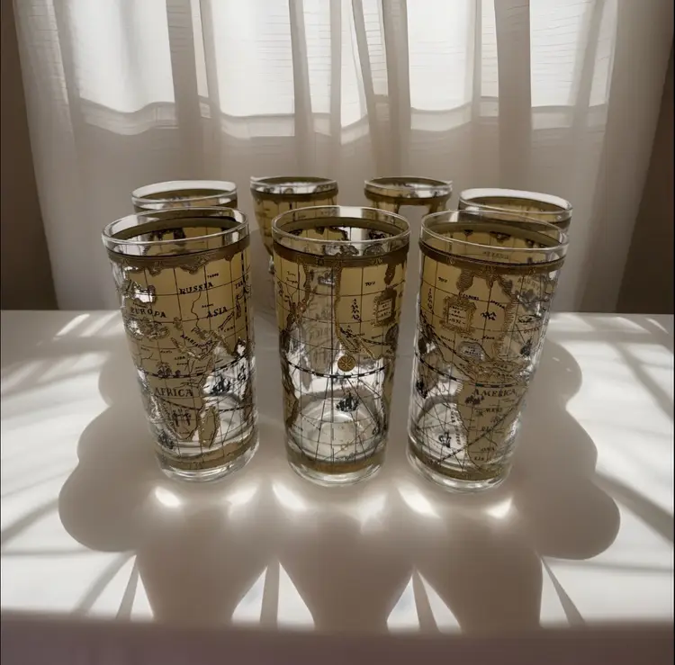 Vintage MCM Cera 22K Gold “Old World Map” Highball Cocktail Glasses 1960's Set Of 7
