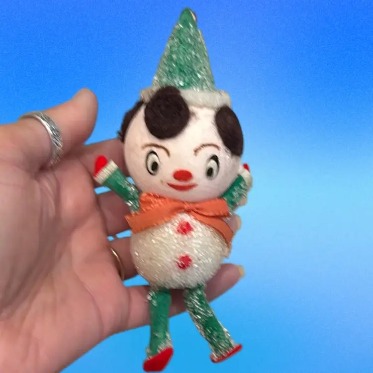 Vintage MCM Mica Putz Spun Cotton Sugared Snowman w/ Hat Ornament 5.5”