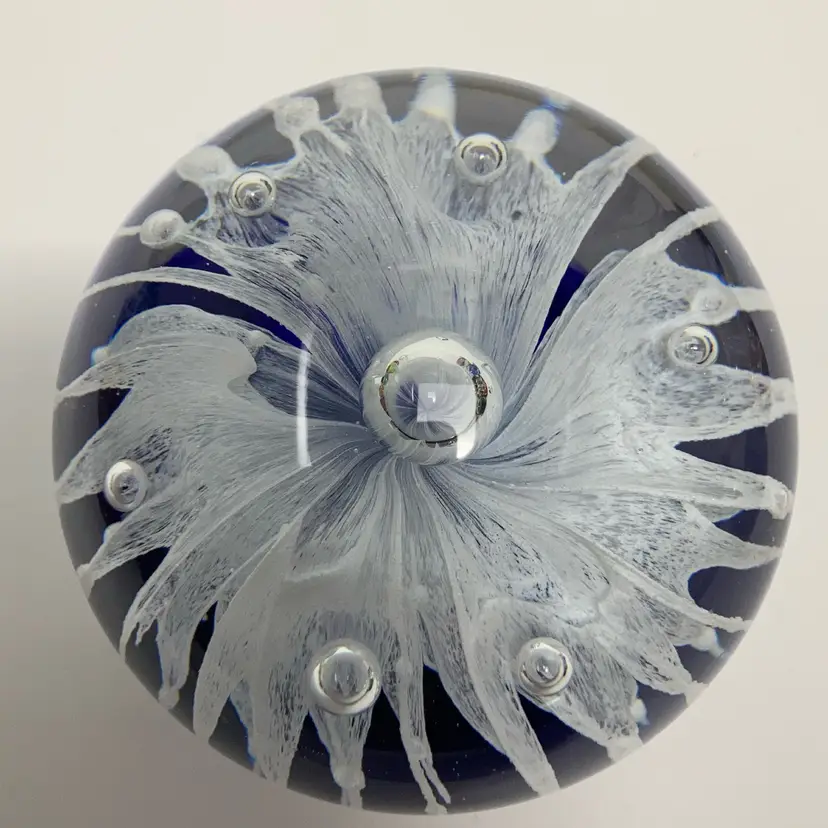 Vintage Cobalt Blue Base And White Feathery Look with Controlled Air Bubbles! 3” x3”! READ! Minor Bruise As Seen In Last Closeup Picture!